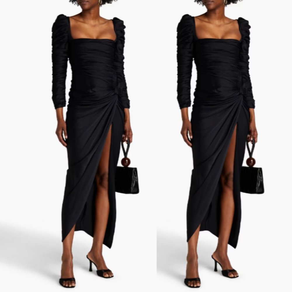 Khaite Shawna Ruched Satin Crepe Midi Dress Black High Slit Square Neckline
